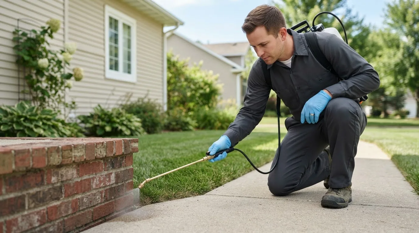 Pest control technician treating a home near Loretto, MI