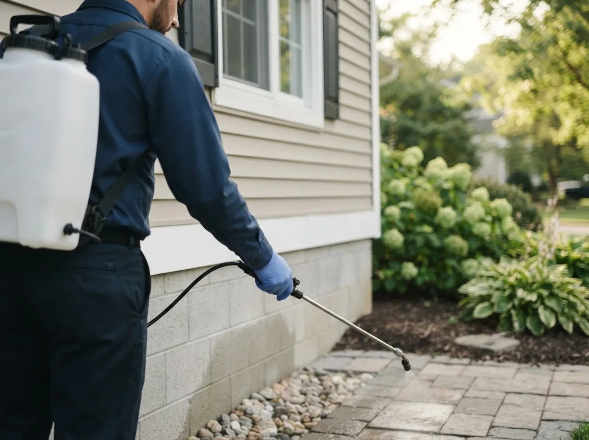 Pest control technician inspecting a home in Loretto, MI